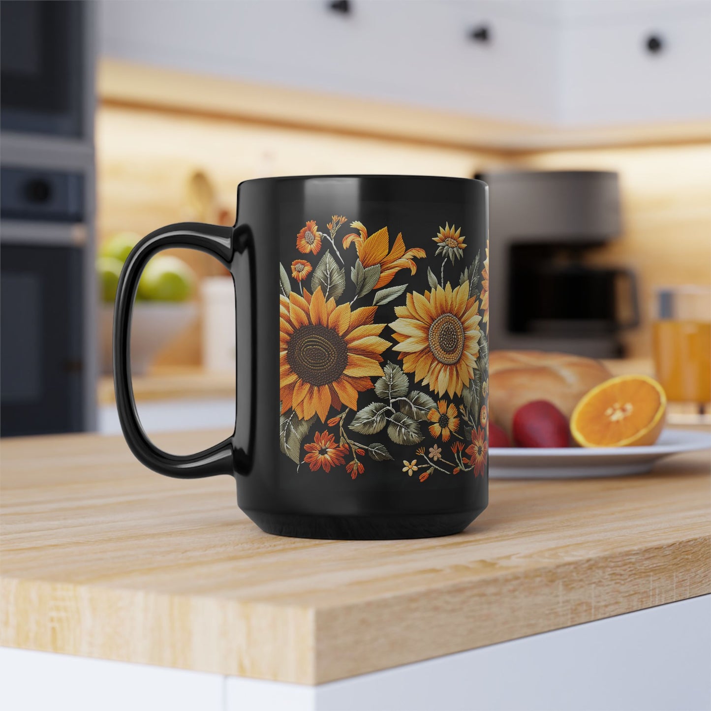 Sunflowers Pattern Embroidery Mug Black Mug (11oz, 15 oz)