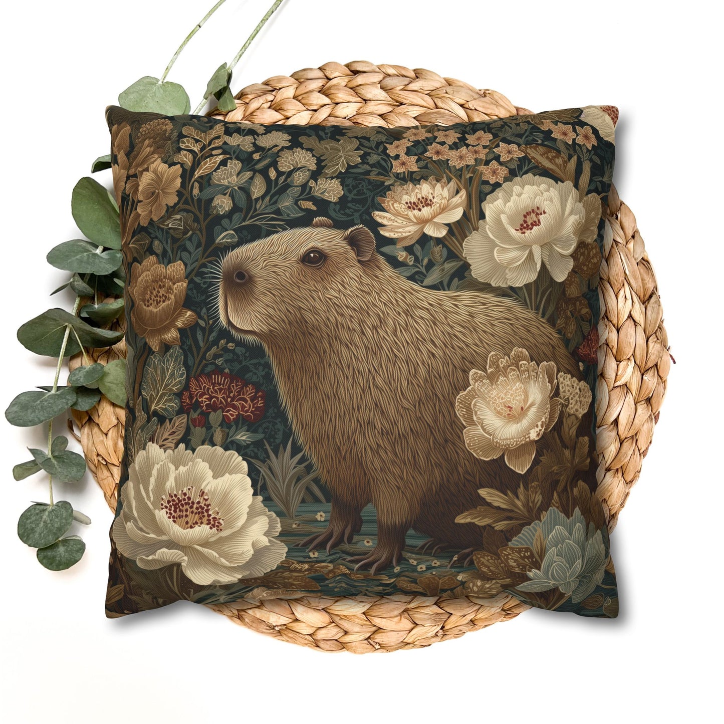 Capybara Botanical Pillowcase, William Morris Style Vintage Floral Animal Cushion