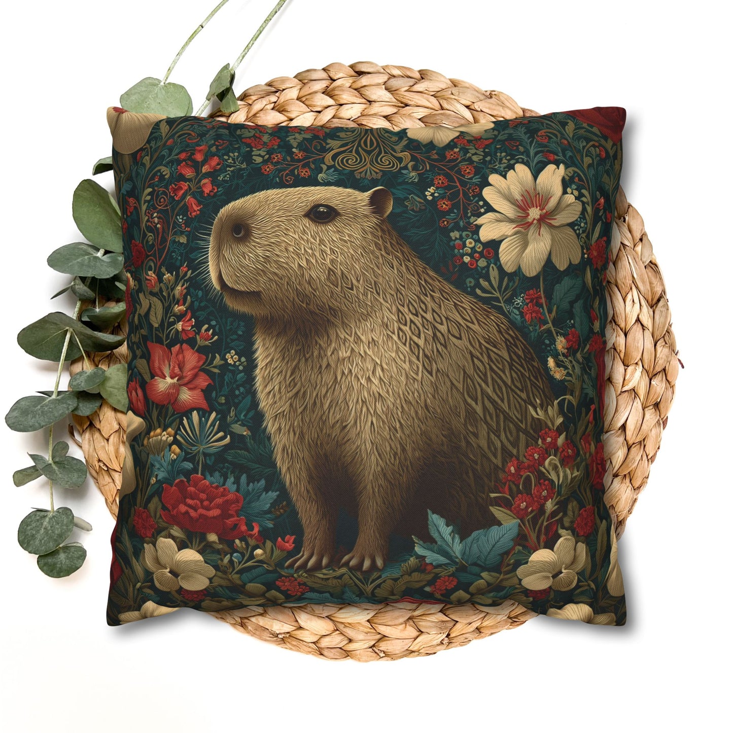 Capybara Floral Pillowcase, William Morris Style Botanical Animal Cushion for Cozy Home Decor
