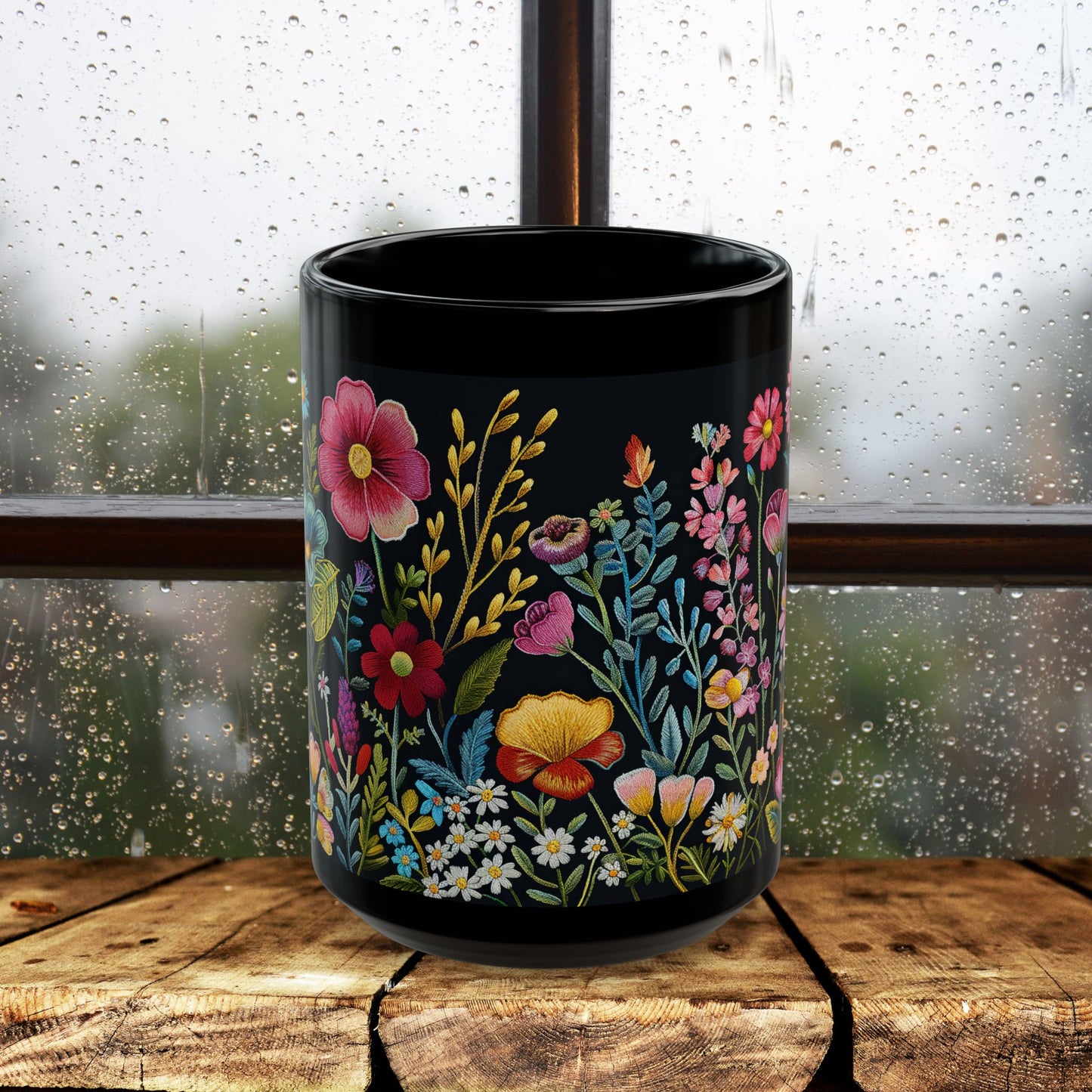 Embroidery Beautiful Wildflowers Black Coffee Mug, Wildflowers Kitchenware Black Mug 11oz, 15oz ,