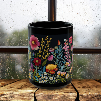 Embroidery Beautiful Wildflowers Black Coffee Mug, Wildflowers Kitchenware Black Mug 11oz, 15oz ,