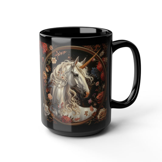 William Morris Inspired Victorian White Unicorn Botanical Black Coffee Mug 11oz, 15oz - Unique Gift for Tea Lovers, Floral Mug, Gift for