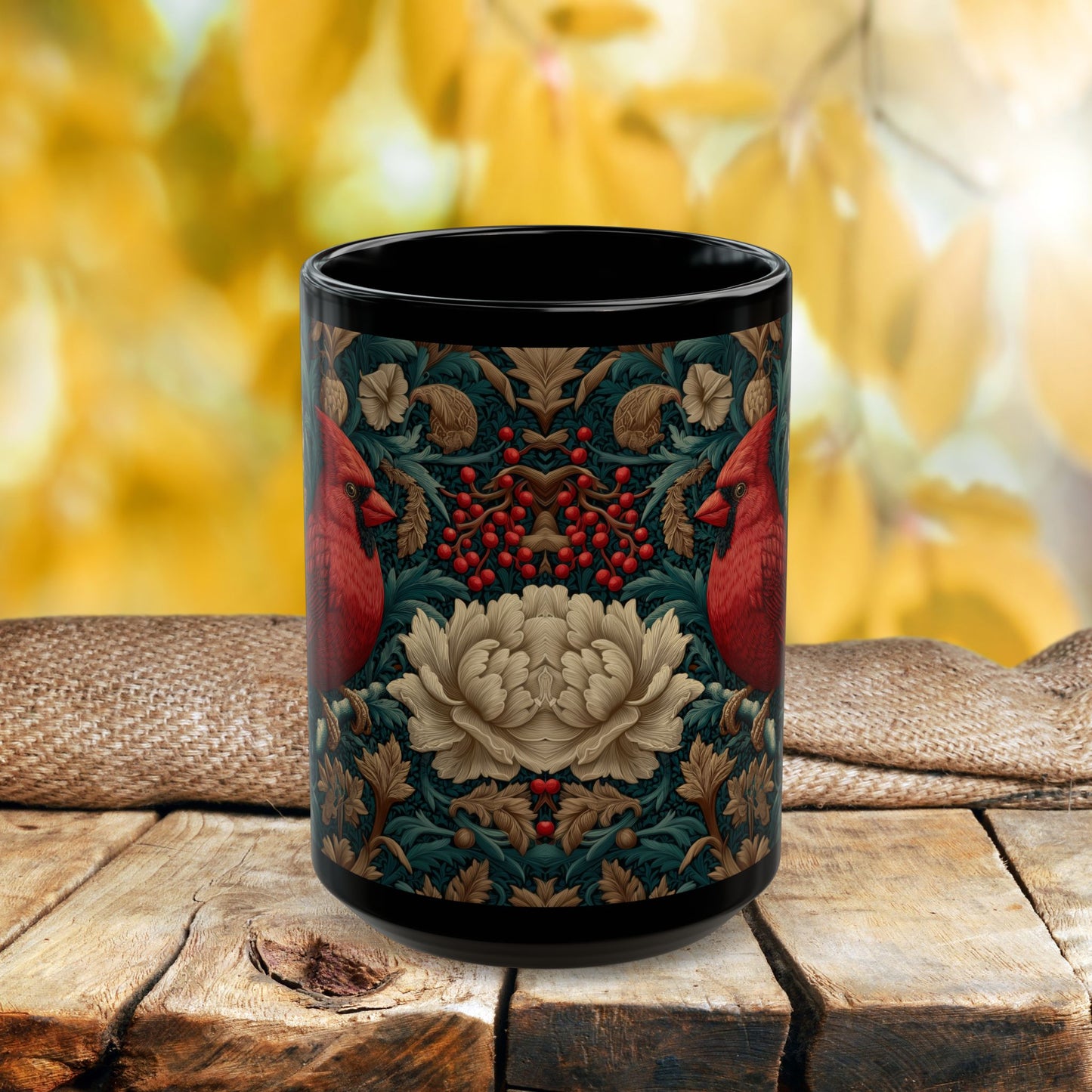 Red Cardinal Coffee Mug William Morris Inspired Floral Black Ceramic Cup (11oz, 15oz)