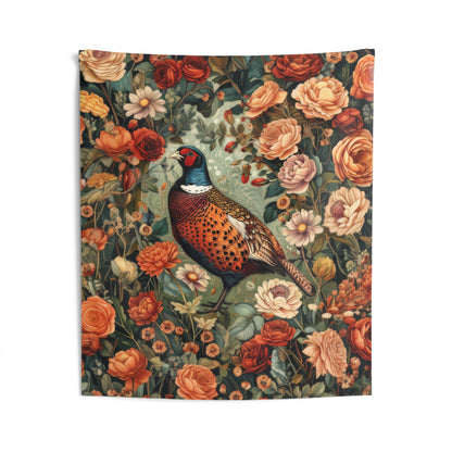 Tapestry of Pheasant Floral Garden | William Morris Art Deco Hanging Home Decor | Pheasant Fall Season Wall Tapestry