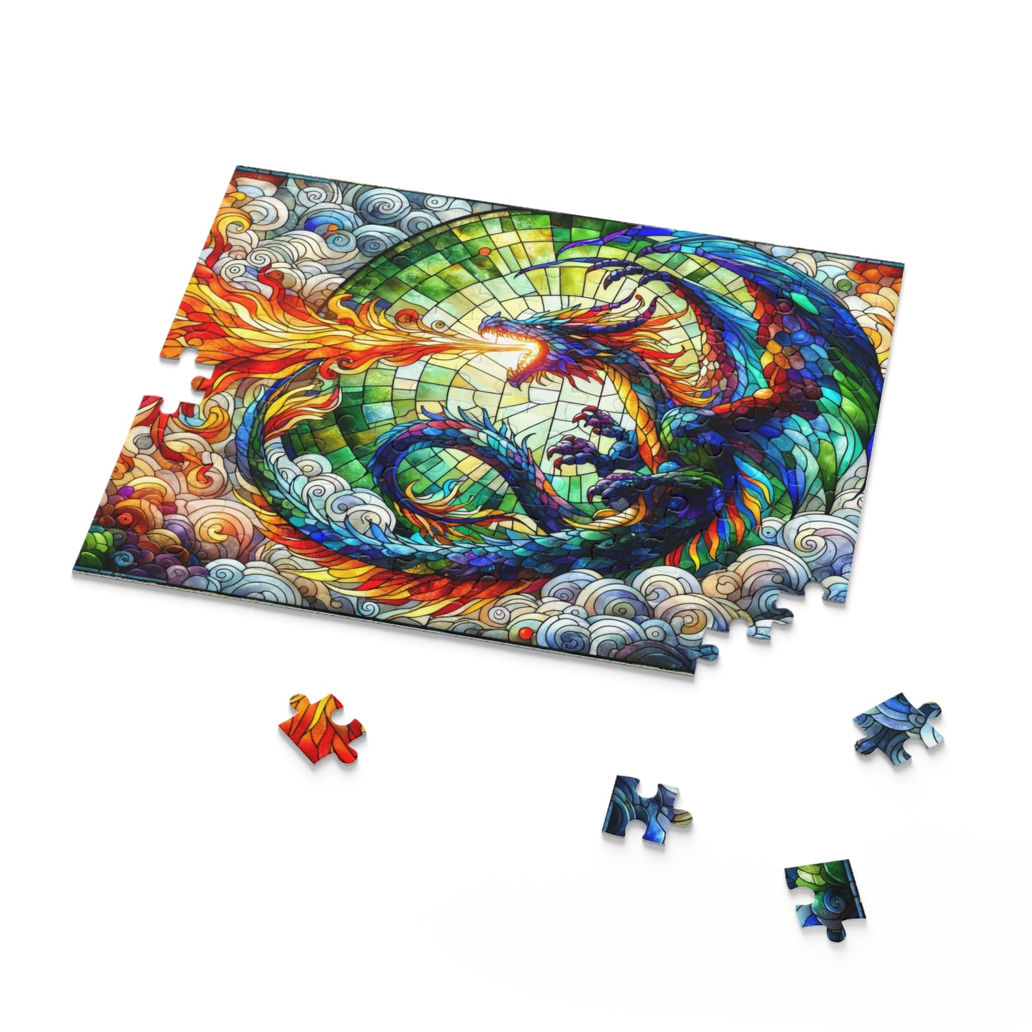 Colorful Dragon Stained Glass Jigsaw Puzzle Box (120, 252, 500-Piece) Adult Jigsaw Puzzle, Gift Him Her