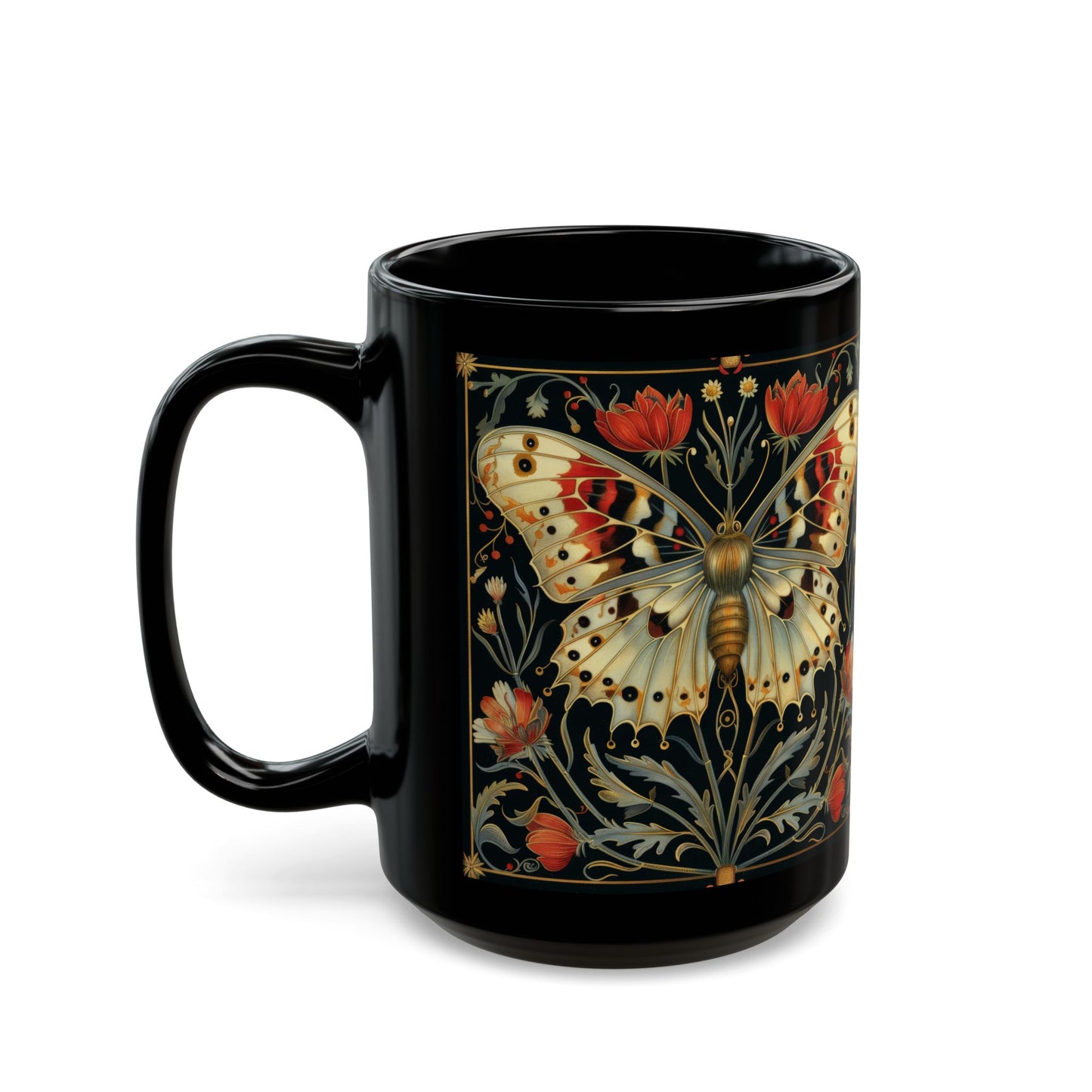 William Morris Inspired Botanical Night Butterfly Black Mug 11oz, 15 oz