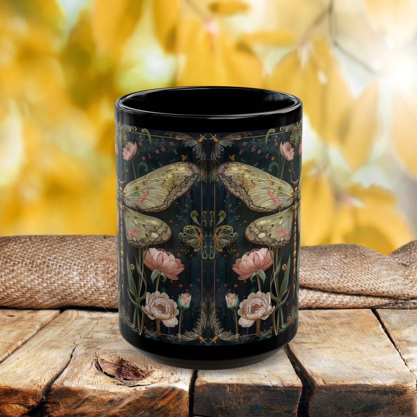 Victorian Dragonfly Coffee Mug, William Morris Inspired Pink Floral Black Ceramic Cup (11oz, 15oz)