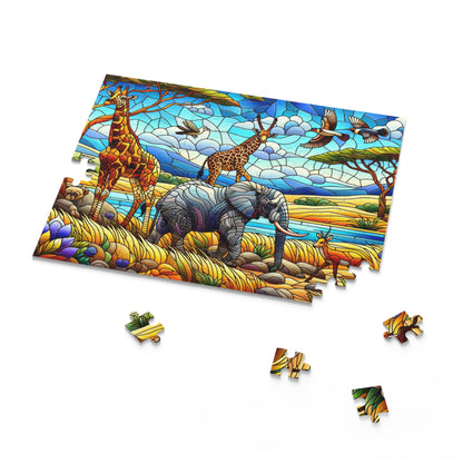 Stained Glass African Savanna forest landscape scene Jigsaw Puzzle (120, 252, 500-Piece)