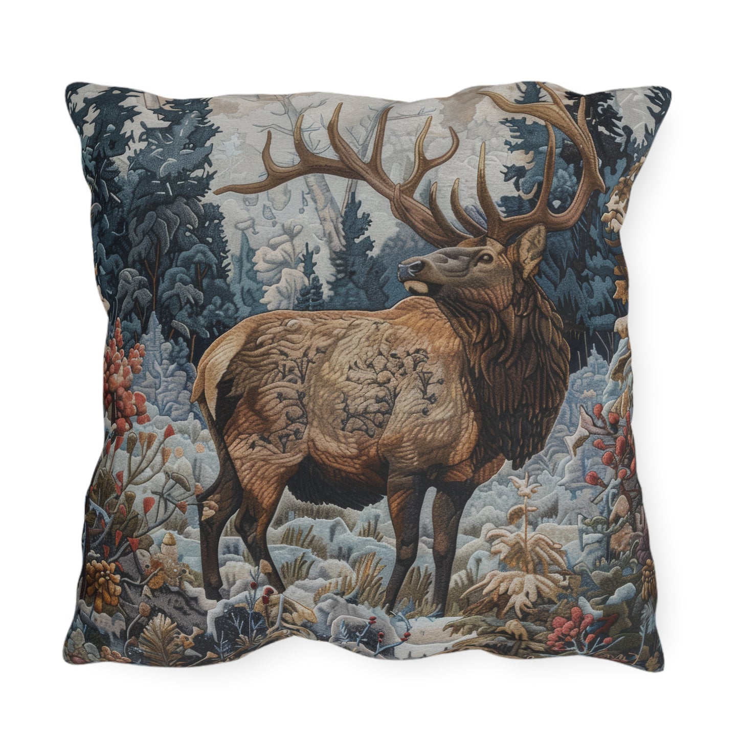 Majestic Elk Outdoor Pillow, Winter Woodland Throw Pillow, Rustic Cabin Cushion, Forest Deer Decor, Lodge Accent Pillow, Nature Gift, Elk Lover Pillow