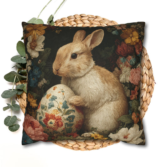 Easter Bunny Floral Pillowcase, Vintage Botanical Rabbit Cushion with Decorative Egg