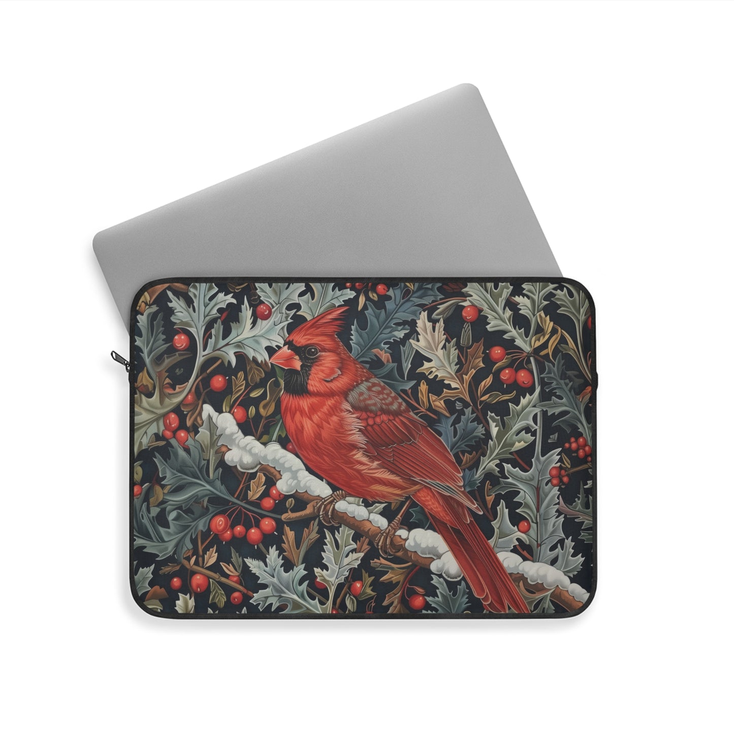 Cardinal Laptop Sleeve, William Morris Inspired Winter Bird Art Case, Red Cardinal Floral Laptop Cover