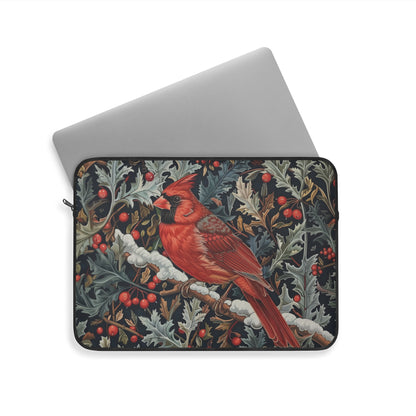 Cardinal Laptop Sleeve, William Morris Inspired Winter Bird Art Case, Red Cardinal Floral Laptop Cover