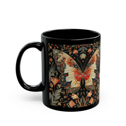 Enchanting Butterfly in the Style of William Morris, Woodland Blossoms Floral Botanical Design Black Mug 11oz, 15 oz