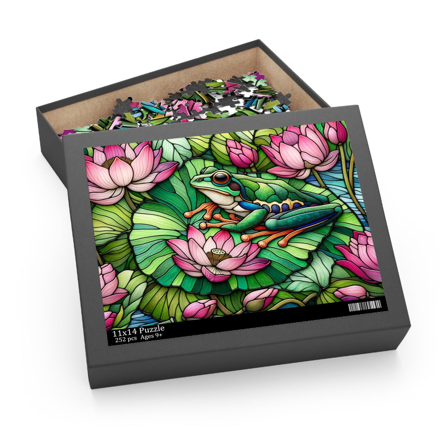 Stained Glass Frog Pink Water Lily Puzzle (120, 252, 500-Piece) Family Jigsaw Puzzle, Puzzle Box Gift