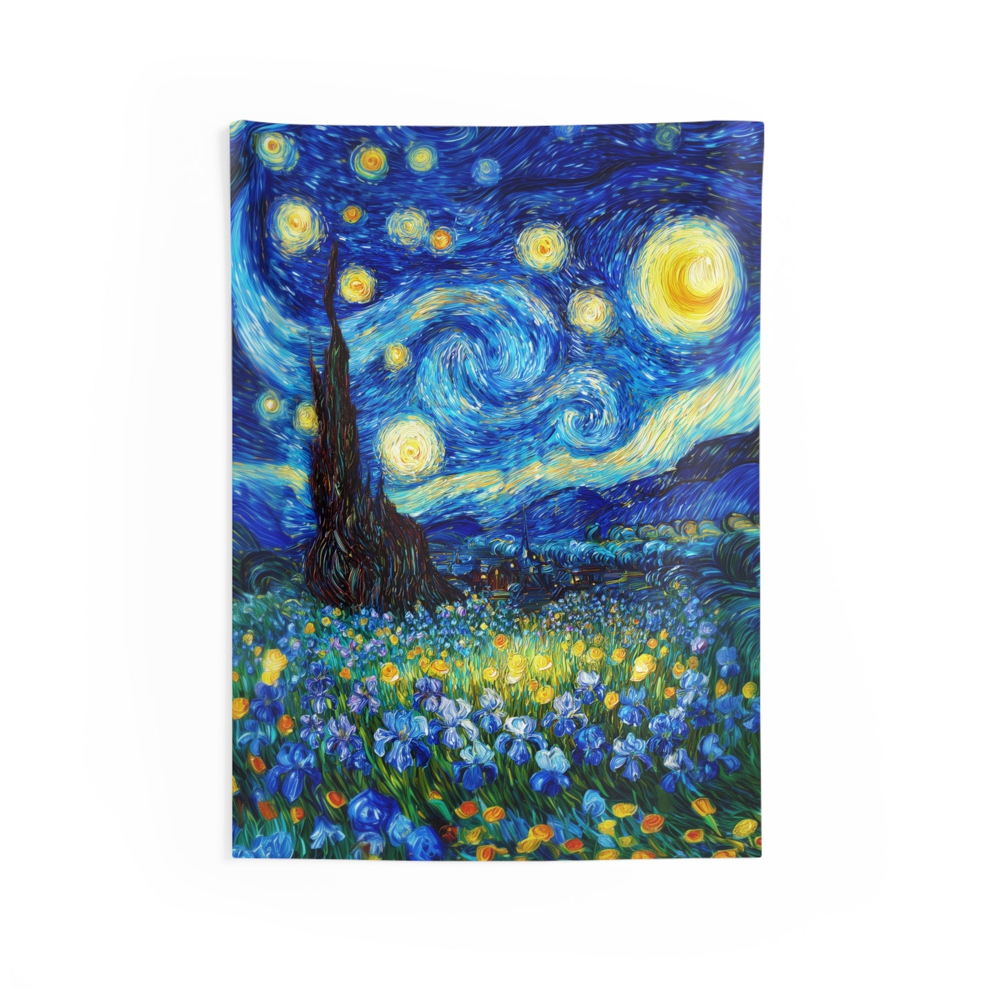 Starry Night Inspired Wall Tapestry with Floral Field, Vibrant Artistic Home Decor