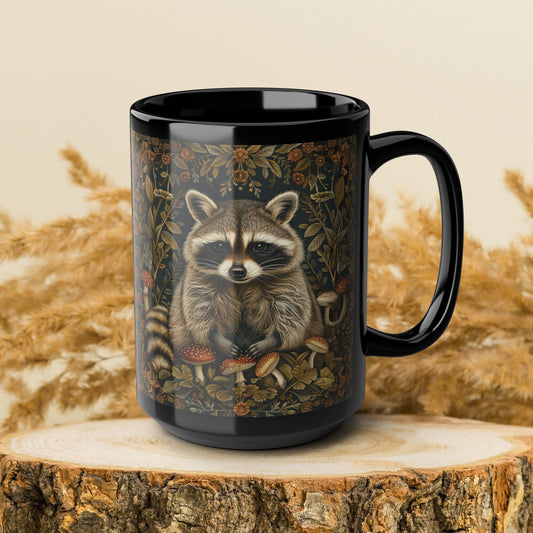 William Morris Inspired Raccoon Wild Mushroom Black Mug (10oz, 15oz)