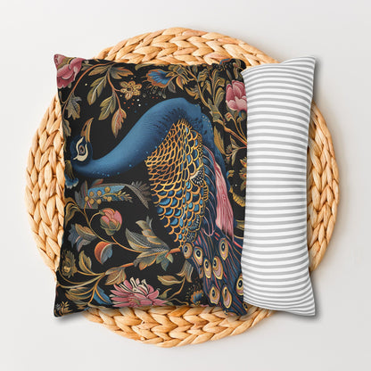 William Morris Inspired Peacock Pillowcase, Forest Floral Art, Peacock Spun Polyester Square Pillowcase