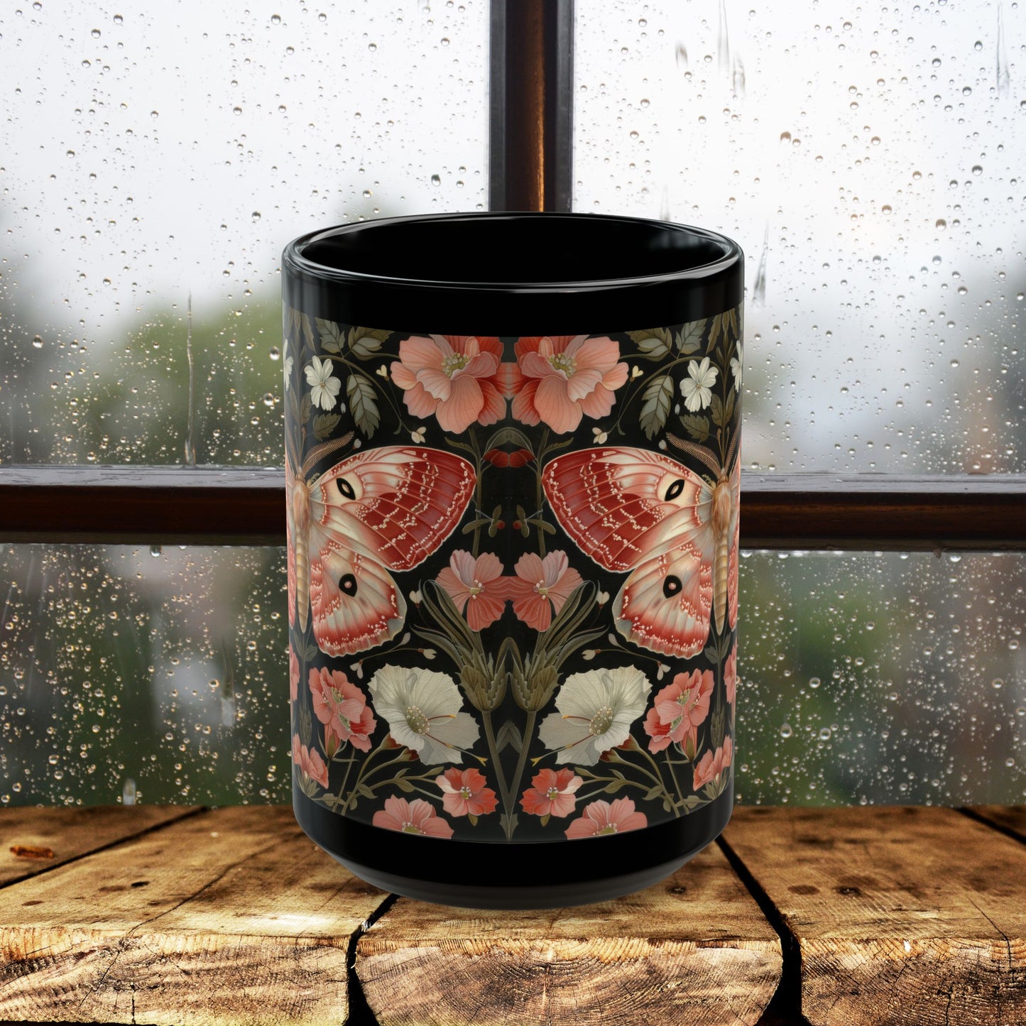 Woodland Pink Primrose Moth William Morris Inspired Black Coffee Mug For Her Him Ceramic Mug Black Mug 11oz, 15oz