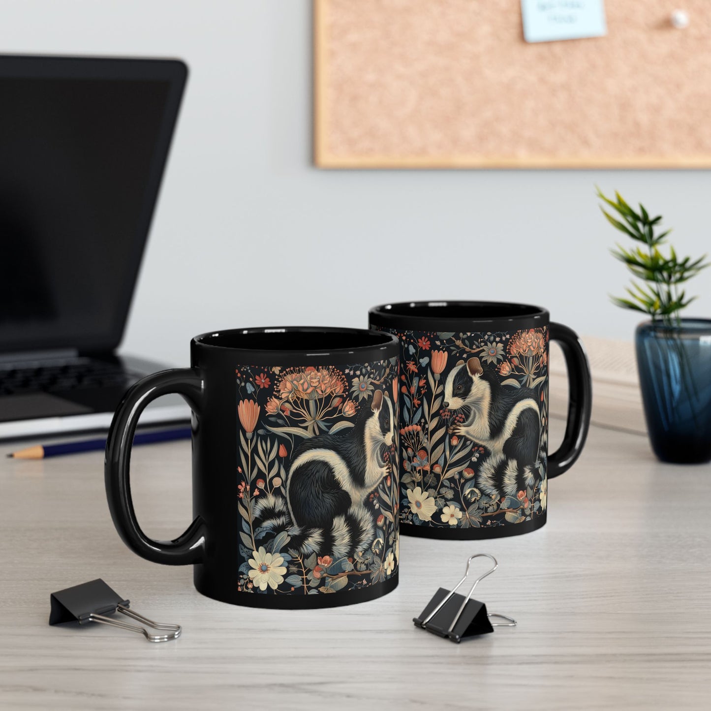 William Morris Inspired Floral Skunk Art Nouveau Coffee Mug For Her Him Ceramic Mug Black Mug 11oz, 15oz