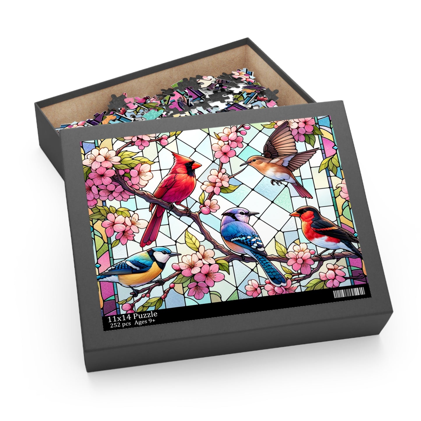 Stained Glass of 5 Spring Birds Jigsaw Puzzle (120, 252, 500-Piece) Adult Jigsaw Puzzle, Gift Him Her