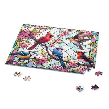 Stained Glass of 5 Spring Birds Jigsaw Puzzle (120, 252, 500-Piece) Adult Jigsaw Puzzle, Gift Him Her