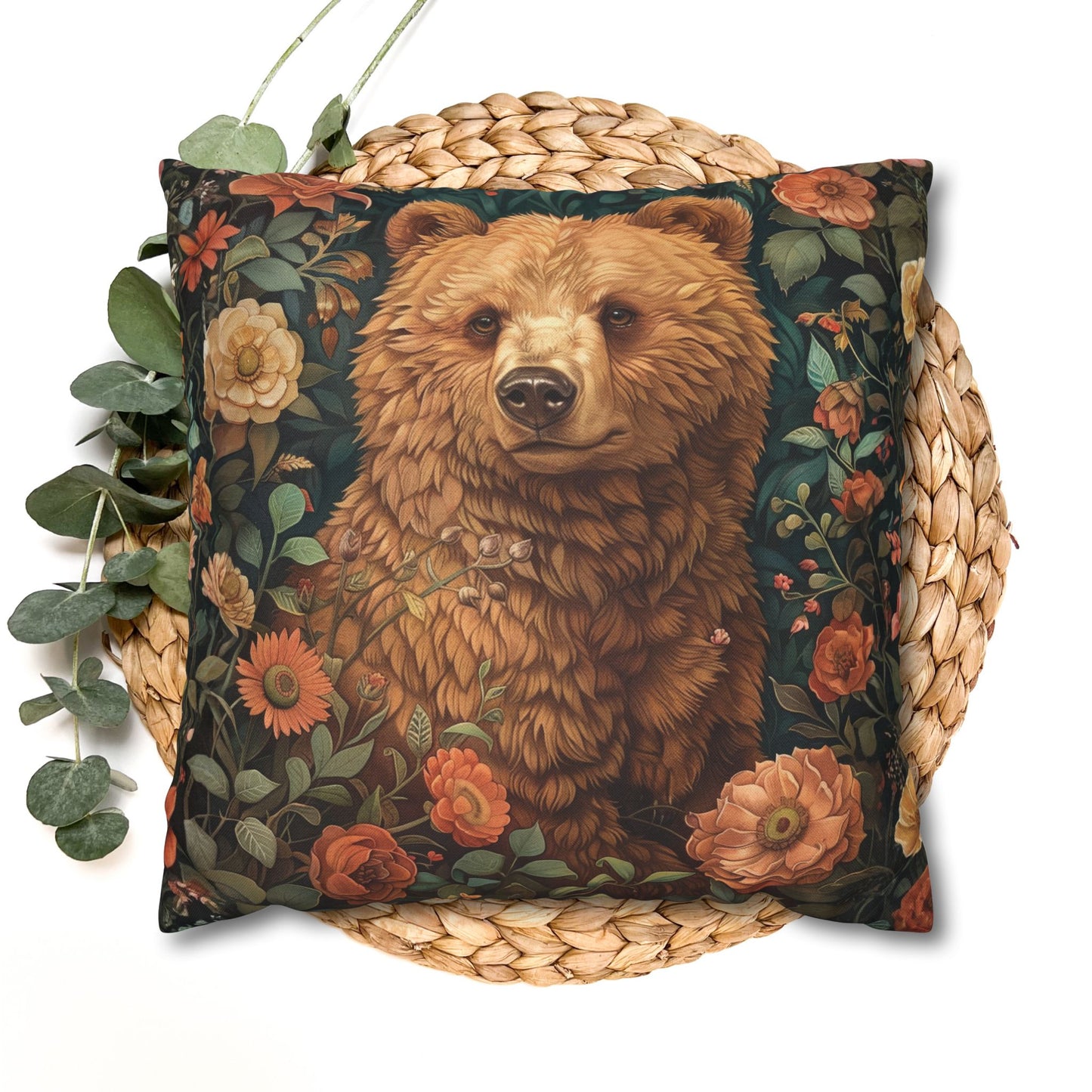 Floral Brown Bear Decorative Pillowcase, Woodland Rustic Throw Pillow Cover