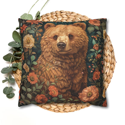 Floral Brown Bear Decorative Pillowcase, Woodland Rustic Throw Pillow Cover