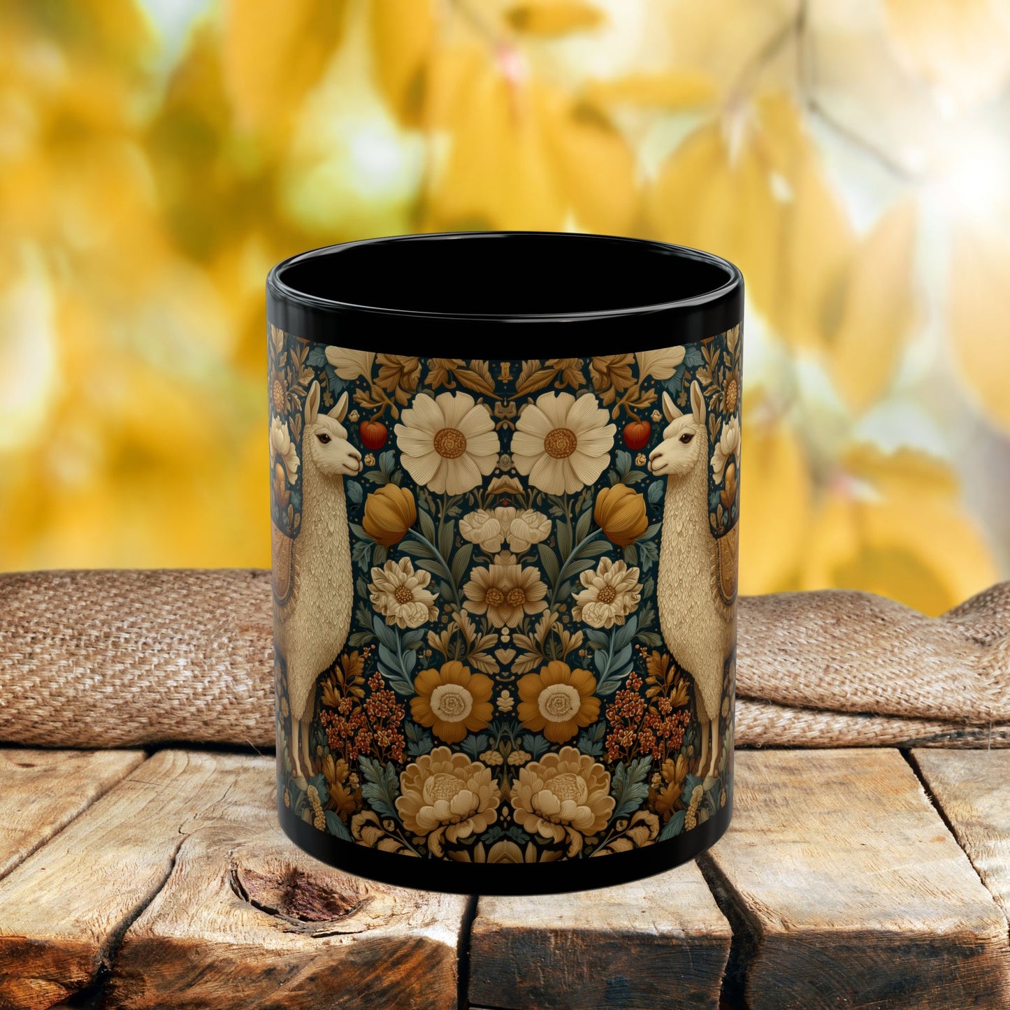 Vintage Floral Llama Mug | Black Ceramic Coffee Cup
