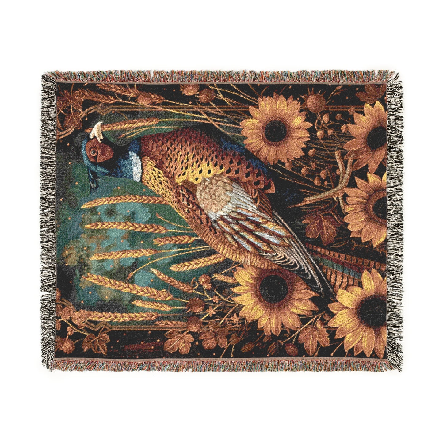 Autumn Pheasant & Sunflowers Woven Blanket, Vintage Farmhouse Fall Throw, Cozy Wildlife Nature Tapestry Blanket