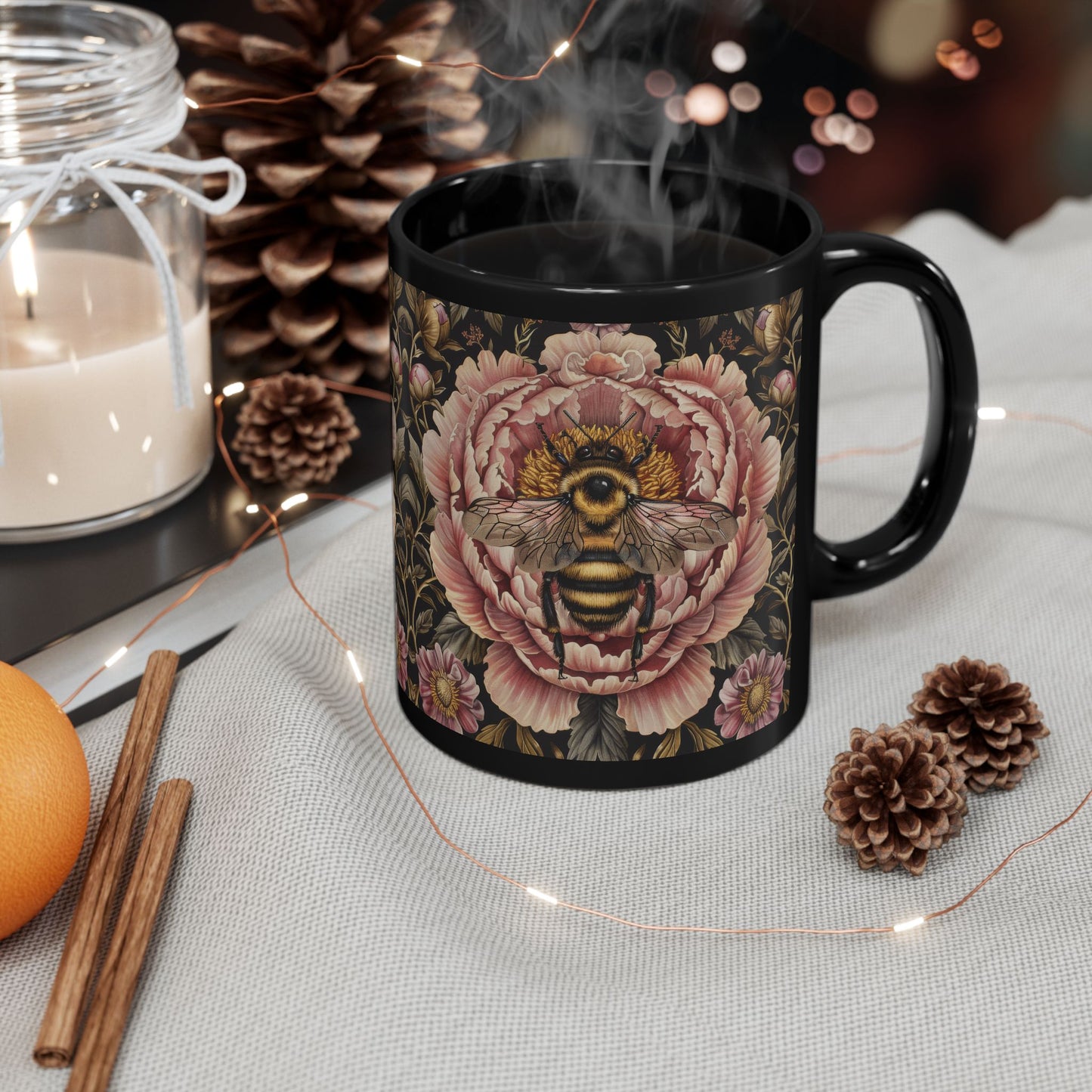 William Morris Inspired Bumblebee Pink Peony Black Coffee Mug For Her Him Ceramic Mug Black Mug 11oz, 15oz