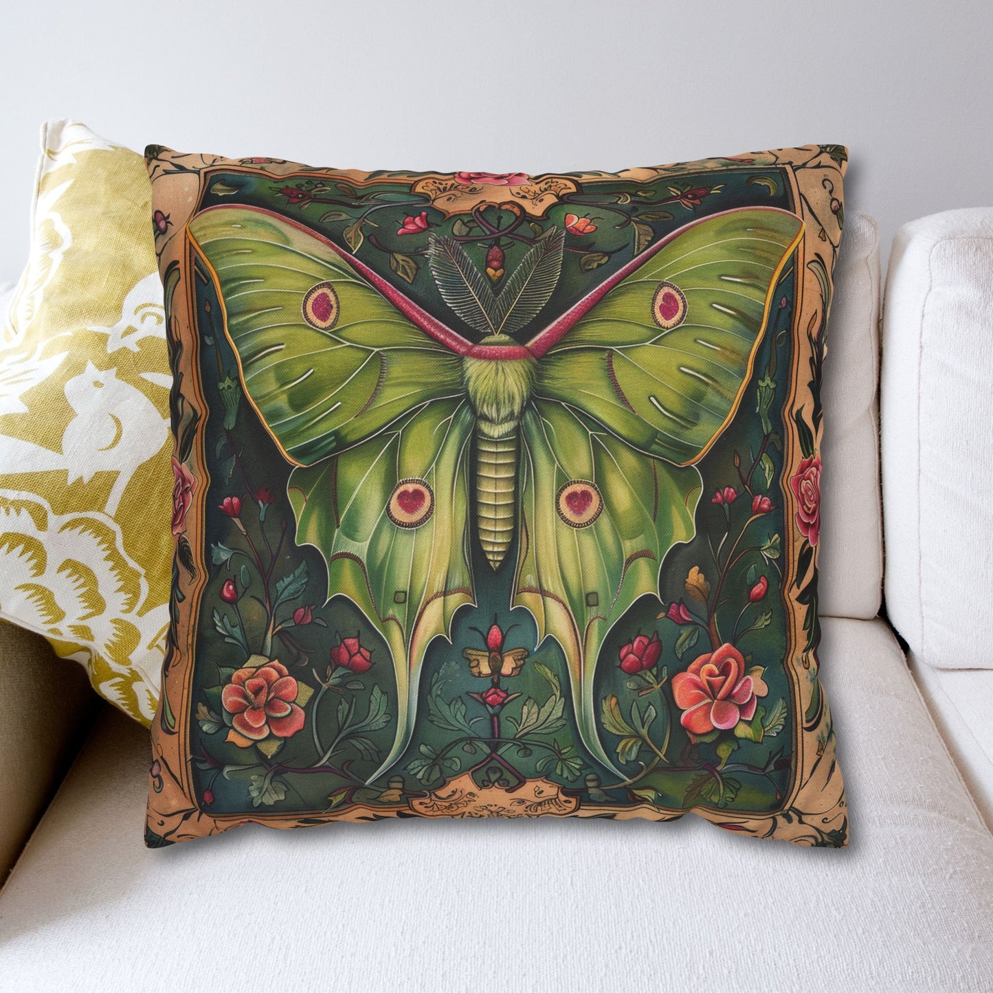Medieval Art Luna Moth Persian Miniature Square Pillowcase