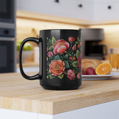 Vintage Roses Pattern Embroidery Black Mug 11oz/15oz