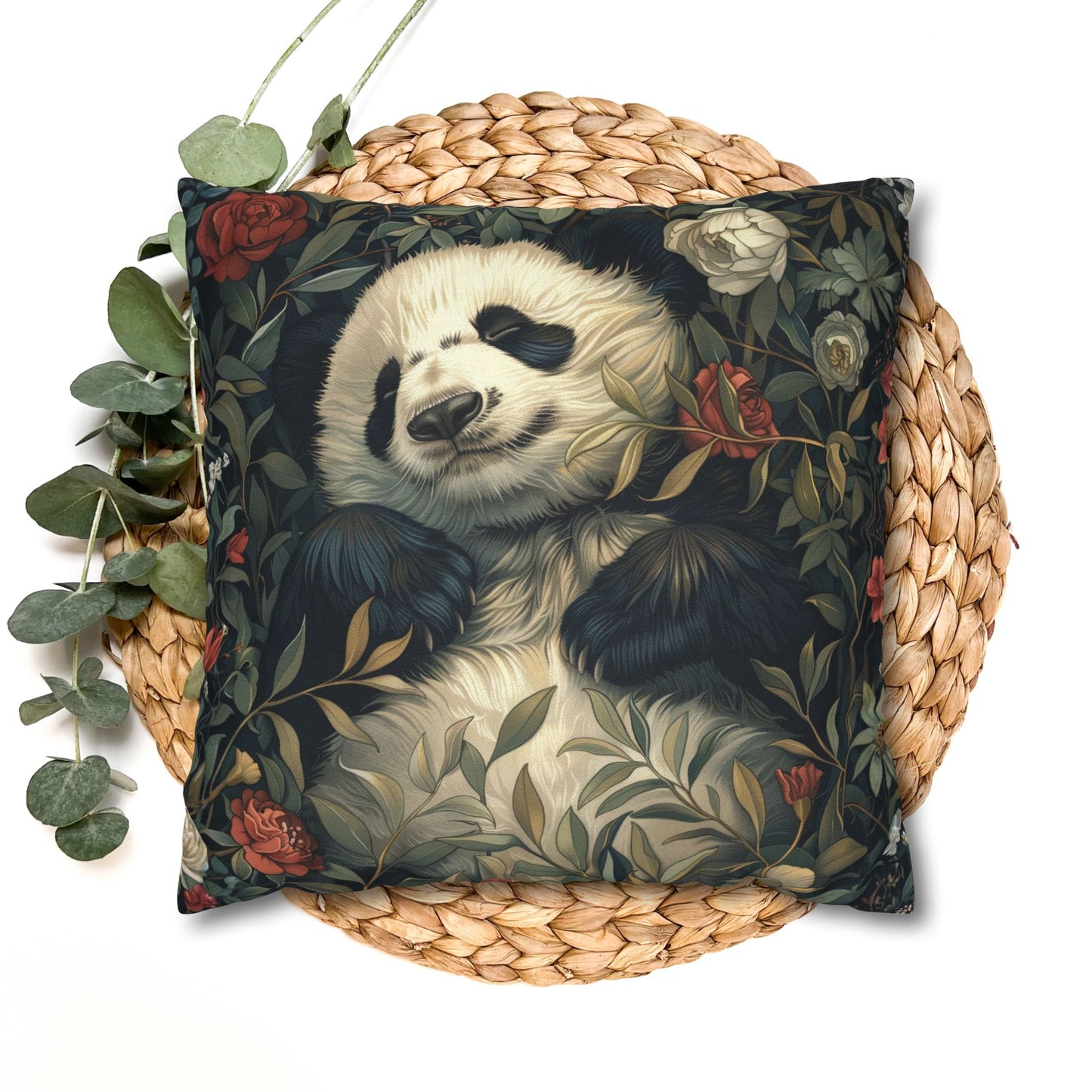 Panda Floral Throw Pillowcase - Vintage Botanical Spun Polyester Cushion Cover