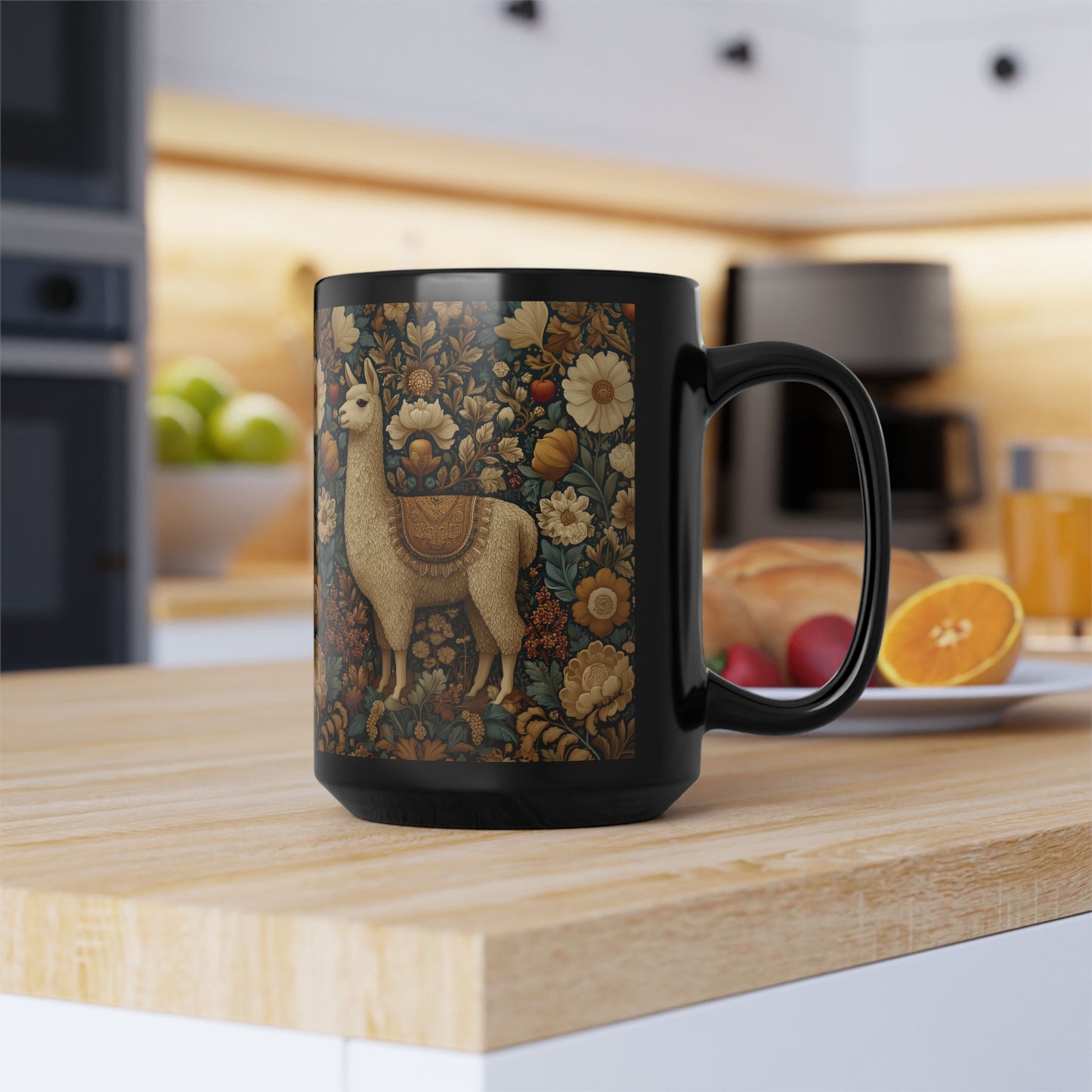 Vintage Floral Llama Mug | Black Ceramic Coffee Cup