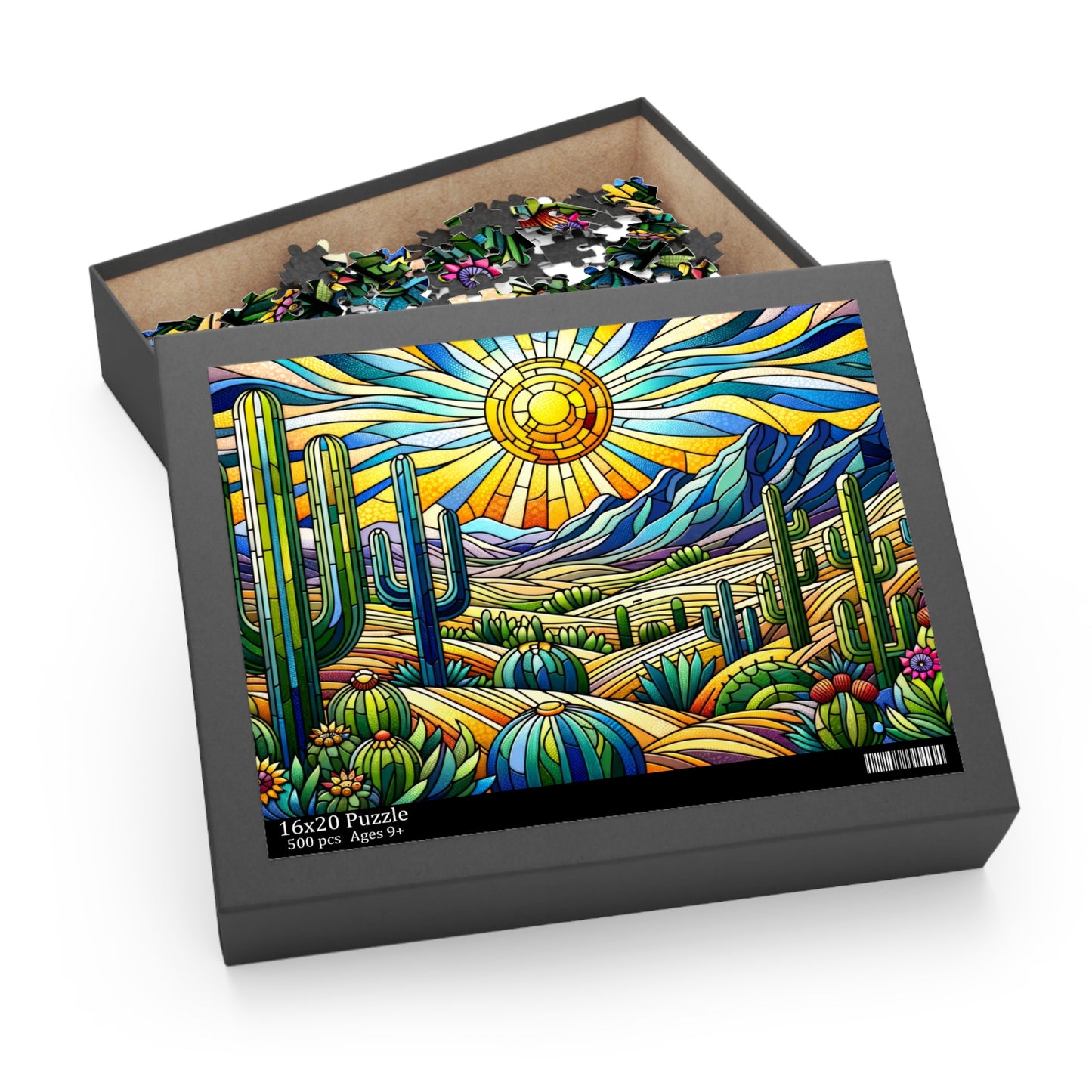 Cactus Dessert Scene Stained Glass Jigsaw Puzzle Box (120, 252, 500-Piece) Adult Jigsaw Puzzle, Gift Him Her