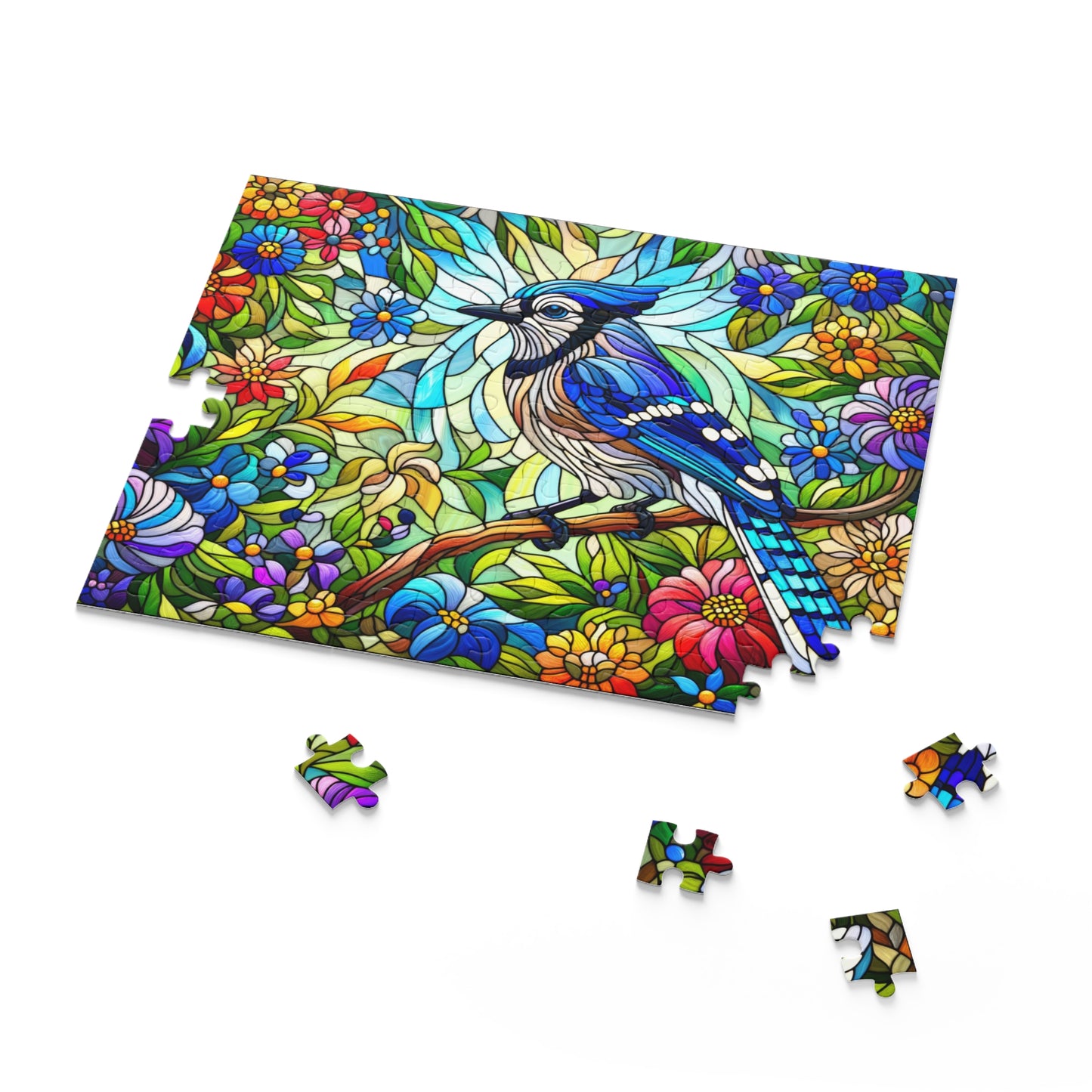 Stained glass Blue Jay Bird Spring Flower Jigsaw Puzzle Box (120, 252, 500-Piece) Adult Jigsaw Puzzle, Gift Him Her