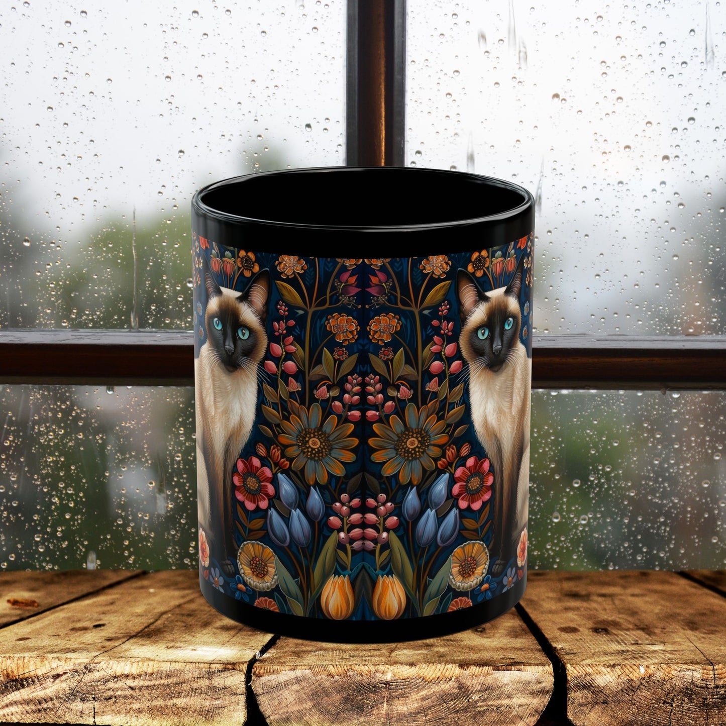 Siamese Cat Coffee Mug: William Morris Floral Design, Black Ceramic (11oz, 15oz)