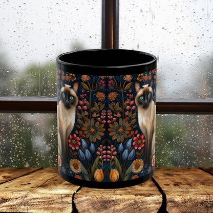 Siamese Cat Coffee Mug: William Morris Floral Design, Black Ceramic (11oz, 15oz)