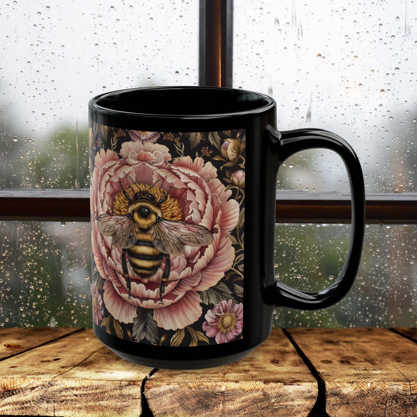 William Morris Inspired Bumblebee Pink Peony Black Coffee Mug For Her Him Ceramic Mug Black Mug 11oz, 15oz