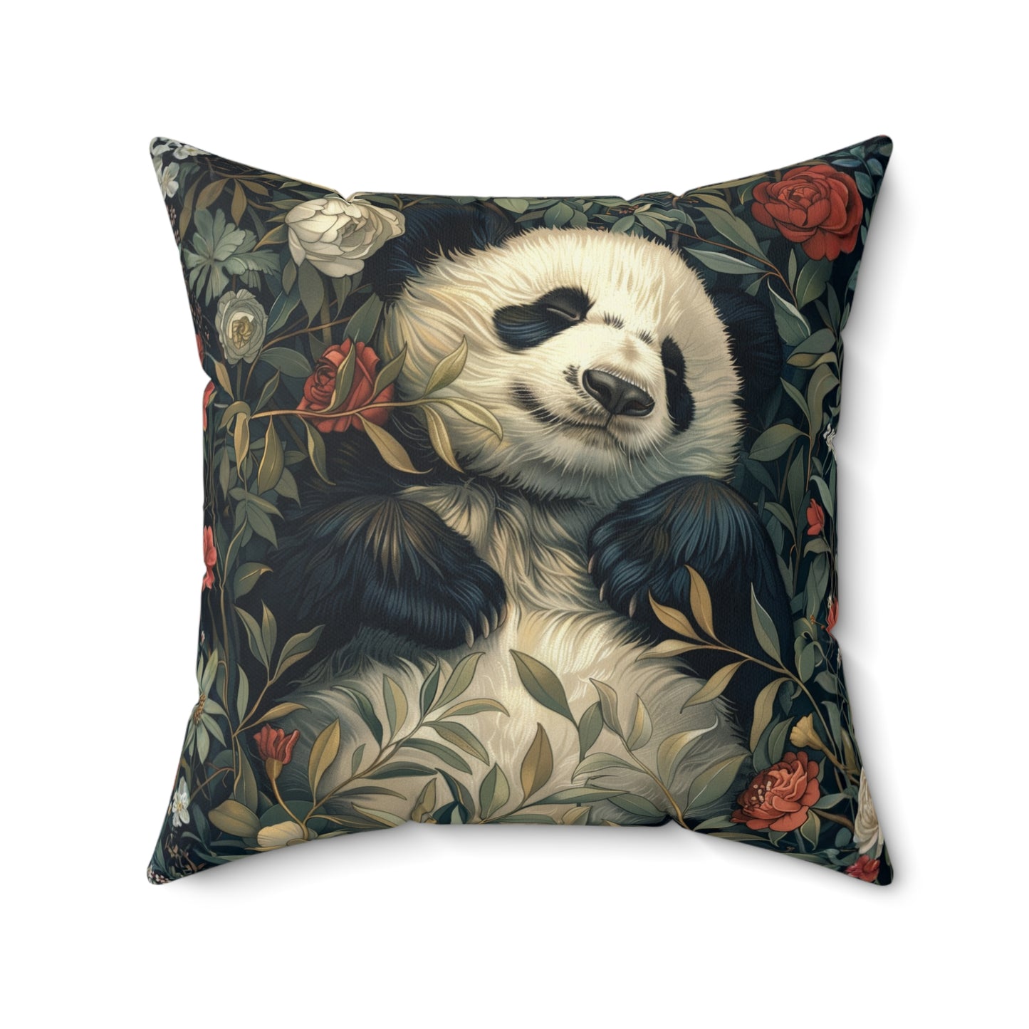 Panda Floral Decorative Pillow, Relaxed Garden Animal Throw Cushion