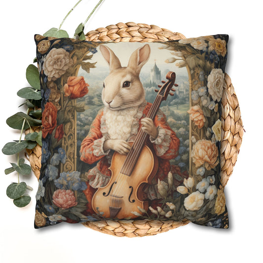 Vintage Rabbit Musician Decorative Pillowcase, Whimsical Cottagecore Throw Pillow Cover