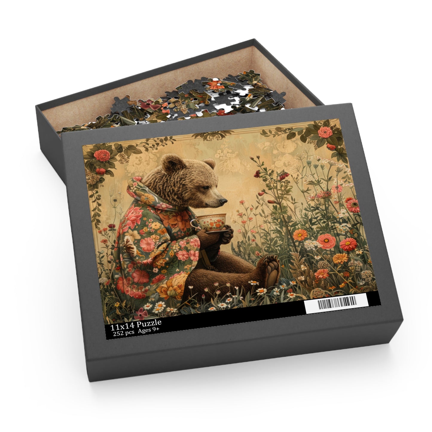 Tea Time Bear Wildflower in William Morris Style (120, 252, 500-Piece) Adult Jigsaw Puzzle, Gift Him Her