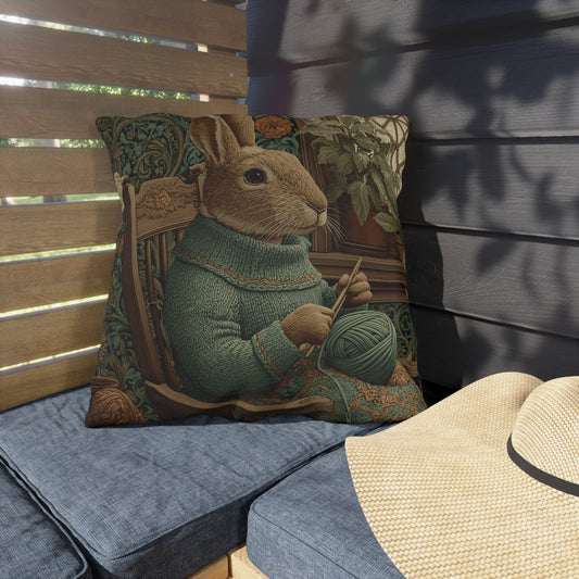 Knitting Bunny Outdoor Pillow, Cozy Rabbit Throw Pillow, Cottagecore Animal Cushion, Woodland Craft Decor, Rustic Patio Accent Pillow