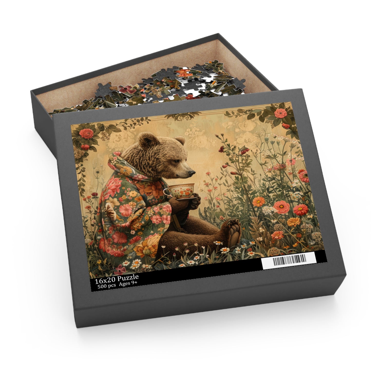 Tea Time Bear Wildflower in William Morris Style (120, 252, 500-Piece) Adult Jigsaw Puzzle, Gift Him Her