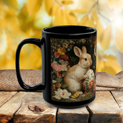 Easter Bunny Floral Black Mug, Vintage Rabbit & Painted Egg Coffee Cup (11oz/15oz)