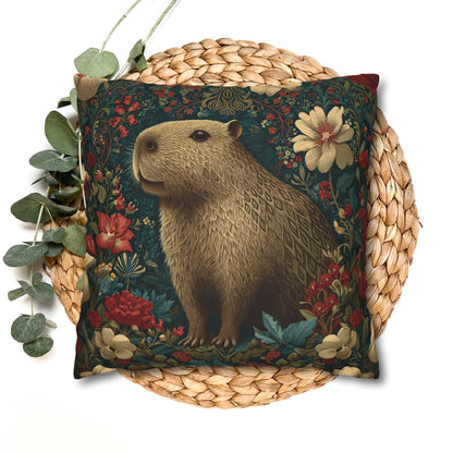 Capybara Floral Pillowcase, William Morris Style Botanical Animal Cushion for Cozy Home Decor