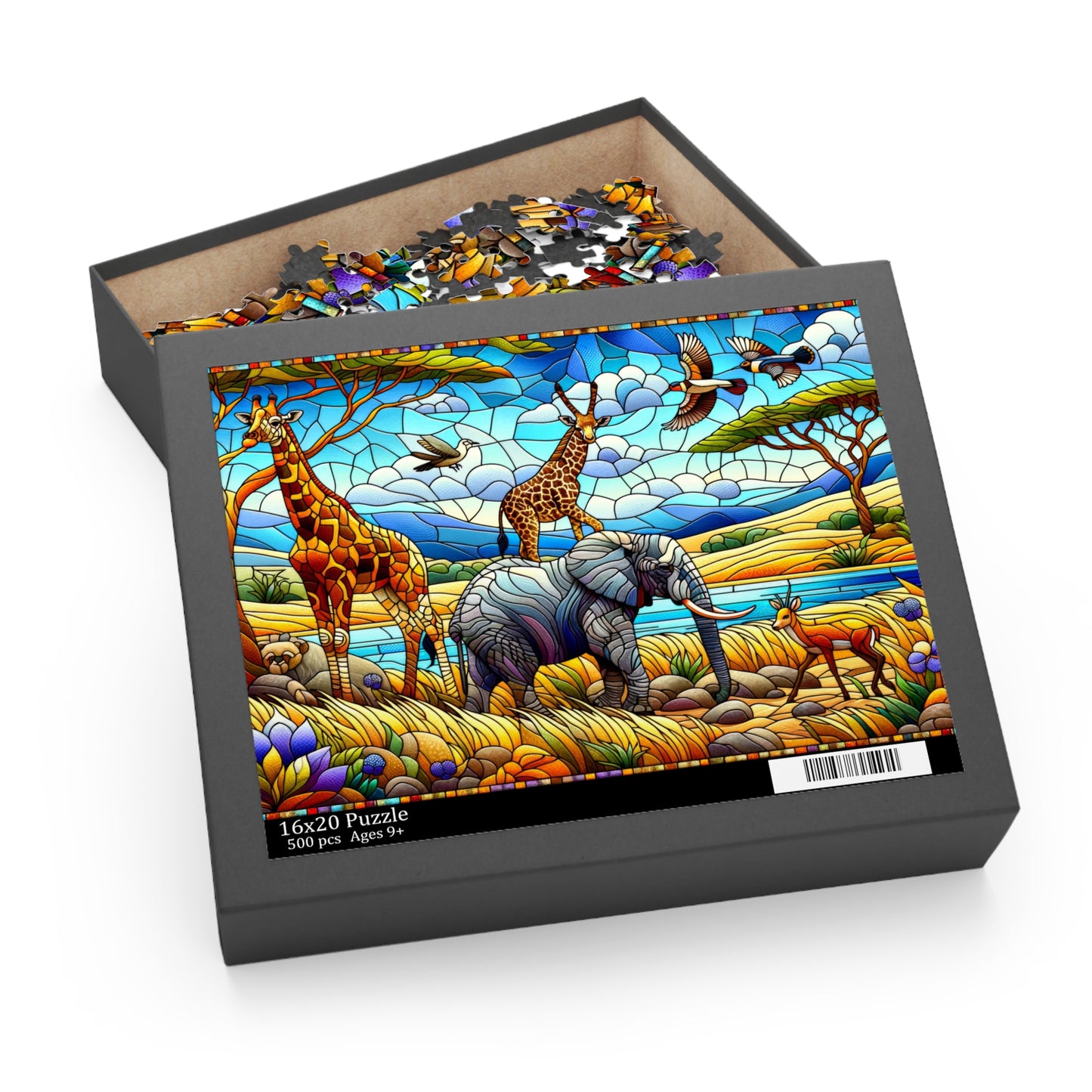 Stained Glass African Savanna forest landscape scene Jigsaw Puzzle (120, 252, 500-Piece)