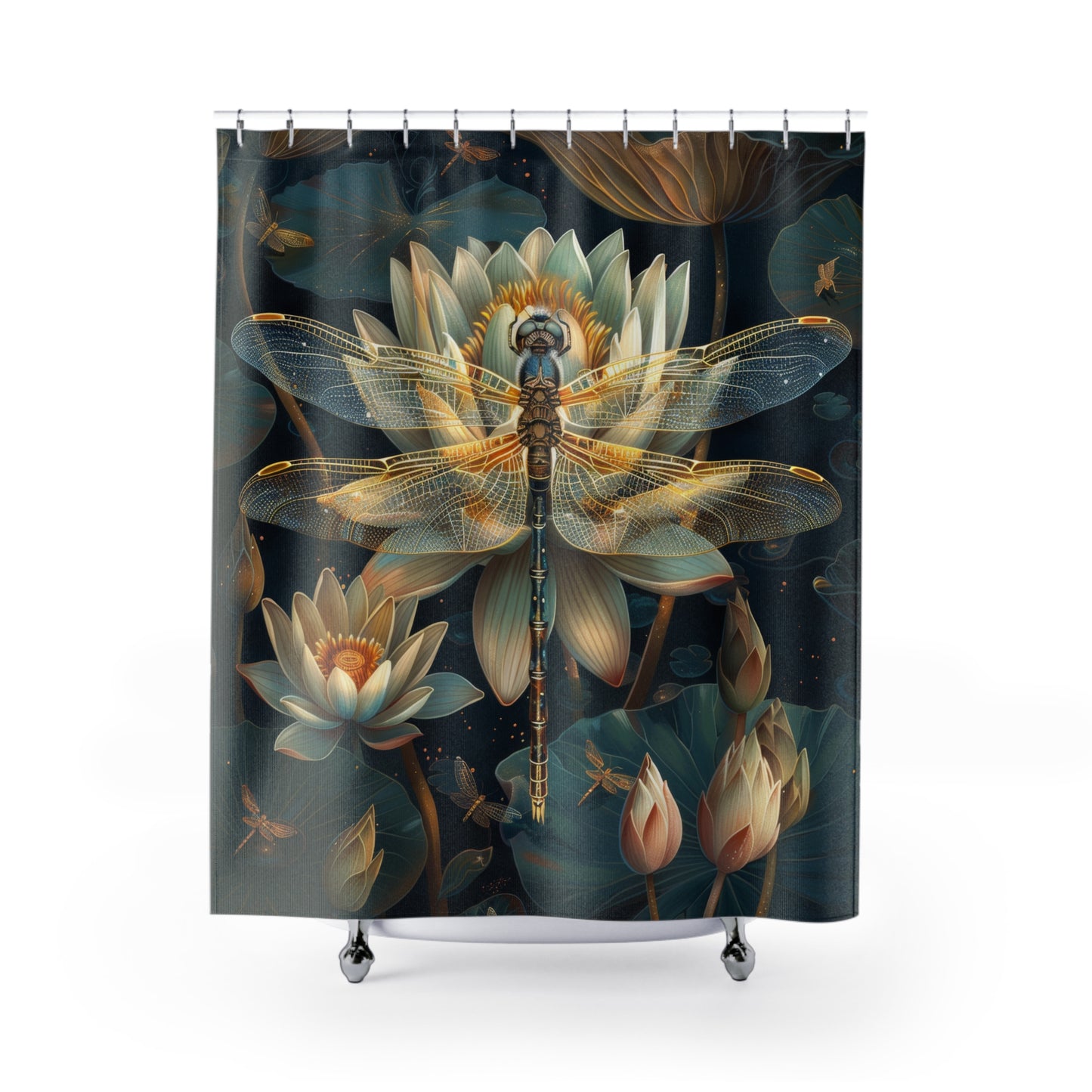 William Morris Inspired Dragonfly White Water Lily Shower Curtain | Art Deco Style Shower Curtain | Cottagecore Bathroom Decor
