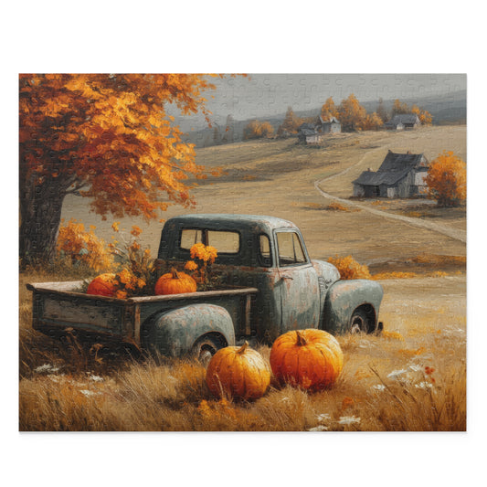 Autumn Vintage Truck Puzzle, Rustic Fall Farmhouse Jigsaw with Pumpkins (120, 252, 500 Pieces)