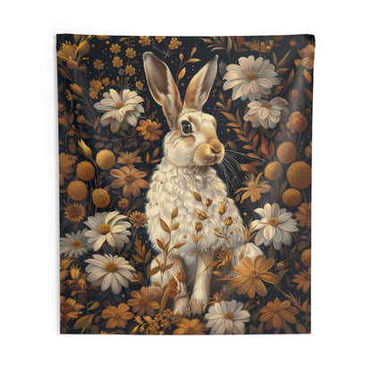 William Morris Inspired White Hare With Gold Winter Flowers Indoor Wall Tapestries, Cozy Home Decor